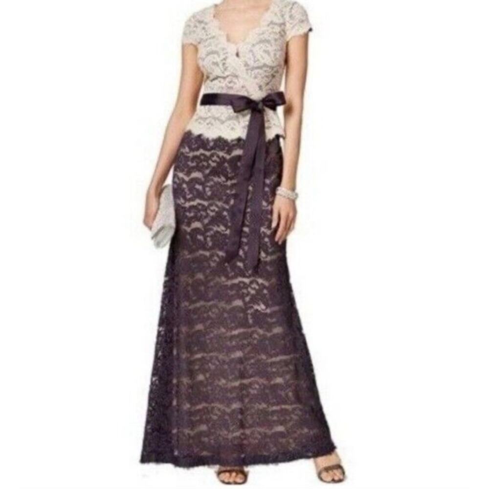 Adrianna Papell Lace Maxi Dress Size 2 Formal Wedding Guest Gown Bow